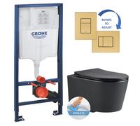 Grohe Rapid Sl Frame + Black Sat Rimless Bowl + Grohe Brushed Gold Flush Plate (Rapidslblacksat-Bgold)