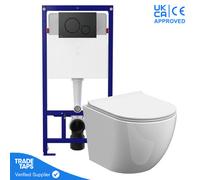 Grohe Rimless Wall Hung Toilet Pan With 1.12M Concealed Cistern Frame Dual Flush Plate - Matt Black Round Dual Flush Plate