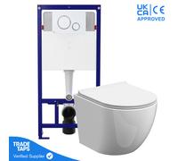 Grohe Rimless Wall Hung Toilet Pan With 1.12M Concealed Cistern Frame Dual Flush Plate - Matt White Chrome Dual Flush Plate