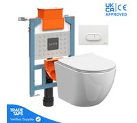 Grohe Rimless Wall Hung Toilet Pan With Vitra 0.82M Low Height Concealed Cistern Frame Wc - Loop O - Shiny White Dual Flush Plate