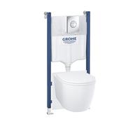 GROHE Solido Compact 5-in-1 Set - Wall Hung Toilet with Concealed Frame 1.13m (Flushing Cistern GD 2 3&6l, Flush Plate Chrome, Rimless WC, Soft Close Seat, Wall Brackets, Noise Protection), 103843SH00