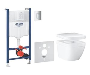 GROHE Solido Euro Ceramic 5-in-1 Box Solution (White Wall Hung Toilet with Soft Close Seat, Chrome Flush Plate, WC Frame 1.13 m, Sound Insulation, 2 Wall Brackets), Ready to Install, 39890000