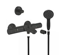 GROHE Start Bath/Shower Installation Set (Exposed Bath Thermostat, Shower Hose 1.75 m, 2 Spray Hand Shower 10 cm, Wall Holder, Robe Hook), Matt Black