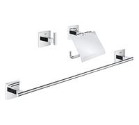 GROHE Start Cube 3-in-1 Bathroom Accessories Set - Robe Hook, Toilet Roll Holder with Cover, Towel Rail 558mm (Metal, with Screws and Dowels), Extra easy to fit with GROHE QuickGlue, Chrome, 41124000