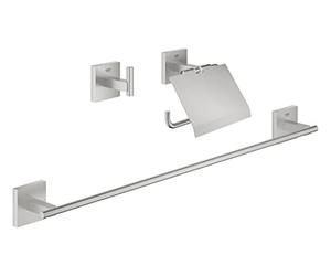 GROHE Start Cube 3-in-1 Bathroom Accessories Set - Robe Hook, Toilet Roll Holder with Cover, Towel Rail (Metal, with Screws and Dowels), Easy to Fit with GROHE QuickGlue, Stainless Steel, 41124DC0