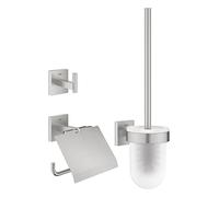 GROHE Start Cube 3-in-1 Toilet Accessories Set - Toilet Roll Holder, Toilet Brush, Robe Hook (Metal & Glass, with Screws and Dowels), Extra easy to fit with GROHE QuickGlue, Stainless Steel, 41123DC0
