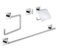GROHE Start Cube 4-in1 Bathroom Accessories Set - Robe Hook, Towel Ring, Toilet Roll Holder, Towel Rail 558mm (Metal, with Screws and Dowels), Extra Easy to Fit with GROHE QuickGlue, Chrome, 41115000