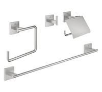 GROHE Start Cube 4-in1 Bathroom Accessories Set - Robe Hook, Towel Ring, Toilet Roll Holder, Towel Rail (Metal, with Screws and Dowels), Easy to Fit with GROHE QuickGlue, Stainless Steel, 41115DC0