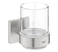 GROHE Start Cube Crystal Glass with Holder - Wall Mounted Toothbrush Holder (Glass and Metal, Concealed Fastening, with Screws and Dowels), Easy to Fit with GROHE QuickGlue, Stainless Steel, 41097DC0