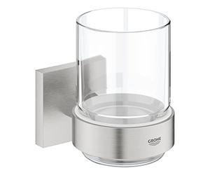 GROHE Start Cube Crystal Glass with Holder - Wall Mounted Toothbrush Holder (Glass and Metal, Concealed Fastening, with Screws and Dowels), Easy to Fit with GROHE QuickGlue, Stainless Steel, 41097DC0
