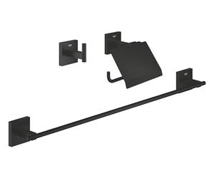 GROHE Start Cube QuickFix 3-in-1 Bathroom Accessories Set- Robe Hook, Toilet Roll Holder with Cover, Towel Rail (Metal, with Screws and Dowels), Easy to Fit QuickGlue, Matt Black, 411242430
