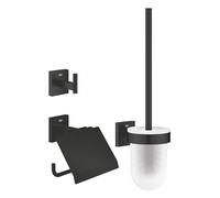 Grohe Start Cube QuickFix 3-in-1 Toilet Accessories Set- Toilet Roll Holder, Toilet Brush, Robe Hook (Metal and Glass, with Screws and Dowels), Easy to fit QuickGlue, Matt Black, 411232430