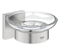 GROHE Start Cube Soap Dish with Holder (Material: Glass and Metal, Wall Mounted, Concealed Fastening, with Screws and Dowels), Size 125 mm, Easy to Fit with GROHE QuickGlue, Stainless Steel, 41096DC0