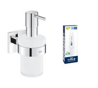 GROHE Start Cube Soap Dispenser with Holder and GROHE QuickGlue A1 (Material: Frosted Glass & Metal, Filling Quantity 160ml, Including Screws & Dowels), Size 158mm, Extra Easy to Fit, Chrome, 41098000