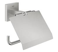 GROHE Start Cube Toilet Roll Holder with Cover (Metal, Wall Mounted, Concealed Fastening, Including Screws and Dowels), Size 111 mm, Extra Easy to Fit with GROHE QuickGlue, Stainless Steel, 41102DC0