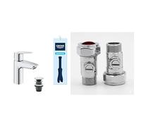 GROHE Start - Deck Mounted Wash Basin Mixer Tap with Push-Open Pop-Up Waste Set (Size 165 mm, 28 mm Ceramic Cartridge, Water-Saving Technology), 3-in-1 Tool, Chrome, 23550002 & UK Tap Adaptors 129473
