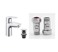 GROHE Start Edge - Basin Mixer Tap with Push-Open Waste Set, (Metal Lever, 28 mm Ceramic Cartridge, Mousseur 5.7 l/min), Size 147 mm, QuickTool Included, Chrome, 24199001 & UK Tap Adaptors 129473