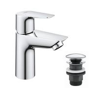 GROHE Start Edge - Basin Mixer Tap with Push-Open Waste Set, (Metal Lever, 28 mm Ceramic Cartridge, Water Saving Mousseur 5.7 l/min, Tails 3/8 Inch), Size 147 mm, QuickTool Included, Chrome, 24199001