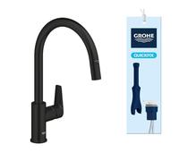 GROHE Start Edge QuickFix - 1 Lever Kitchen Sink Mixer Tap with Pull-Out Function (High C-Spout 357 mm, 360° Swivel Area, 28 mm Ceramic Cartridge, Tail 3/8 Inch, High Pressure), Matt Black, 305502430