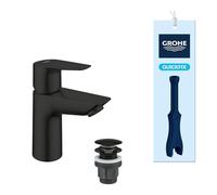 GROHE Start Edge QuickFix - Smooth Body Basin Mixer Tap with Push-Open Waste Set (S-Size, 28 mm Ceramic Cartridge, Extra Water Saving Low Flow, Tails 3/8 Inch, Tool Included), Matt Black, 238982431
