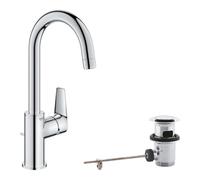 GROHE Start Edge - Wash Basin Mixer Tap (Metal Lever, Water Saving Mousseur 5.7 l/min, with Plastic Pop-Up Waste Set 1 1/4'', 28 mm ceramic cartridge, Tails 3/8 Inch), Size 159 mm, Chrome, 24201001