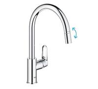 GROHE Start Flow QuickFix - Extenable Kitchen Mixer Tap with Pull-Out Function (High C-spout, 360° Swivel Area, 28 mm Ceramic Cartridge, Tail 3/8 Inch, High Pressure), Size 357 mm, Chrome, 30569000