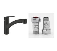 GROHE Start - Kitchen Pull-Out Dual Spray Mixer Tap (Low Spout, 90° Swivel Area, 35mm Ceramic Cartridge, Easy to Fit with GROHE QuickMount), Size 185 mm, Matt Black, 305312431 & UK Tap Adaptors 129473