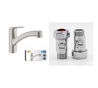 GROHE Start - Kitchen Sink Pull-Out Dual Spray Mixer Tap (Low Spout with 90° Swivel Area, 1 Hole Easy Install with QuickMount, Min. Pressure 1.0 bar), Supersteel, 30531DC1 & UK Tap Adaptors 129473
