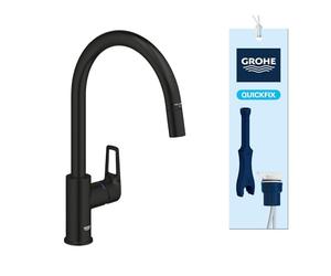 GROHE Start Loop QuickFix - Extendable Kitchen Mixer Tap with Pull-Out Function (High C-spout 357 mm, 360° Swivel Area, 28 mm Ceramic Cartridge, Tail 3/8 Inch, High Pressure), Matt Black, 305562430