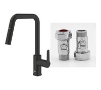 GROHE Start - Pull-Out Dual Spray Kitchen Sink Mixer Tap (High U-Spout, 360° Swivel Area, 28 mm Ceramic Cartridge), Easy to Fit with GROHE QuickMount, Matt Black, 306312430 & UK Tap Adaptors 129473