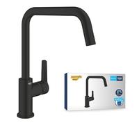 GROHE Start QuickFix - 1 Lever Kitchen Sink Mixer Tap (High U-spout, 150° Swivel Area, 28 mm Ceramic Cartridge, Tails 3/8 Inch, 1 Hole Installation with QuickMount), Size 310 mm, Matt Black, 304702430