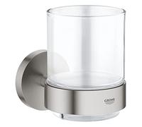 GROHE Start QuickFix Crystal Glass with Holder (Metal and Glass, Concealed Fastening, Including Screws and Dowels, Easy to Fit with GROHE QuickGlue), Size 106 x 99 mm, Stainless Steel Look, 41194DC0