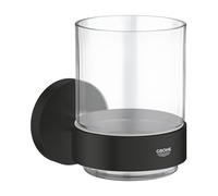 GROHE Start QuickFix Crystal Glass with Holder (Metal and Glass, Concealed Fastening, Including Screws and Dowels, Extra Easy to Fit QuickGlue), Size 106 x 99 mm, Matt Black, 411942430