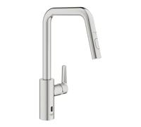 GROHE Start QuickFix Hybrid Pull-Out Kitchen Tap for Touchless or Manual Operation (High U-Spout 381 mm, 28 mm Ceramic Cartridge, 150° Swivel Area, Dual Spray, Tails 3/8 Inch), Supersteel, 101243DC00