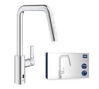 GROHE Start QuickFix Hybrid Pull-Out Kitchen Tap for Touchless or Manual Operation (High U-Spout 381 mm, 28 mm Ceramic Cartridge, 150° Swivel Area, Dual Spray, Tails 3/8 Inch), Chrome, 1012430000