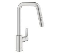 GROHE Start QuickFix - Pull-Out Dual Spray Kitchen Sink Mixer Tap (High U-Spout, 360° Swivel Area, 28mm Ceramic Cartridge, Tails 3/8 Inch), Easy to Fit with GROHE QuickMount, Stainless Steel, 30631DC0