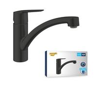GROHE Start QuickFix - Single Lever Kitchen Sink Mixer Tap (Low Spout, 140° Swivel Area, 35 mm Ceramic Cartridge, Tails 3/8 Inch, Easy to Fit with GROHE QuickMount), Size 184 mm, Matt Black, 305302432