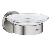 GROHE Start QuickFix Soap Dish with Holder (Metal and Glass, Concealed Fastening, Including Screws and Dowels, Extra Easy to Fit with GROHE QuickGlue), Size 125 x 58, Stainless Steel Look, 41193DC0