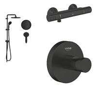 GROHE Start Shower Installation Set (Exposed Thermostatic bar, Flex Shower System with Diverter, 2 Spray Hand Shower 10 cm, Robe Hook), Matt Black