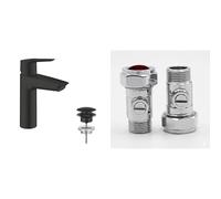 GROHE Start - Smooth Body Basin Mixer Tap with Push-Open Pop-Up Waste Set (Metal Lever, 28 mm Ceramic Cartridge, Mousseur 5.7 l/min), Size 192 mm, Matt Black, 235752432 & UK Tap Adaptors 129473