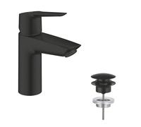 GROHE Start - Smooth Body Basin Mixer Tap with Push-Open Pop-Up Waste Set (Metal Lever, 28 mm Ceramic Cartridge, Energy and Water Saving Technology, Tails 3/8 Inch), Size 165 mm, Matt Black, 235512432