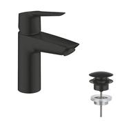 GROHE Start Smooth Body Basin Mixer Tap with Push-Open Pop-Up Waste Set (S-Size 165mm, 28 mm Ceramic Cartridge, Water Saving Mousseur 5.7 l/min, Tails 3/8 Inch), Matt Black 235502432
