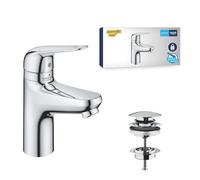 GROHE Swift QuickFix - Basin Mixer Tap with Push-Open Waste Set & Child-Safety Lock (S-Size 167mm, 28 mm Ceramic Cartridge, Water-Saving, Tails 3/8 Inch, Easy to Fit with QuickTool), Chrome, 24319001