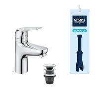 GROHE Swift QuickFix - Basin Mixer Tap with Push-Open Waste Set & Child-Safety Lock (S-Size 167mm, 28 mm Ceramic Cartridge, Water-Saving, Tails 3/8 Inch, Easy to Fit with QuickTool), Chrome, 24319001