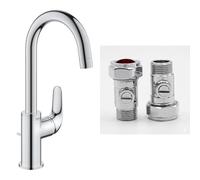 GROHE Swift QuickFix - Basin Mixer with Pop-Up Waste Set (L-Size 331 mm, Swivel Spout, 28mm Ceramic Cartridge, Easy to fit with GROHE QuickTool), Chrome, 24330001 & UK Tap Adaptors 129473
