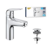 GROHE Swift QuickFix - Basin Mixer with Push-Open Waste Set & Child-Safety Lock (M-Size 185mm, 28mm Ceramic Cartridge, Water Saving, Tails 3/8 Inch, Easy to Fit with GROHE QuickTool), Chrome, 24327001