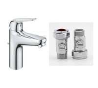 GROHE Swift QuickFix - Single Lever Basin Mixer Tap with Pop-Up Waste Set (M-Size 179 mm, 28 mm Ceramic Cartridge, Easy to Fit with GROHE QuickTool), Chrome, 24325001 & UK Tap Adaptors 129473