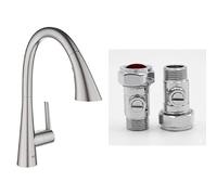 GROHE Zedra Kitchen Mixer Pull-Out Tap (High C-Spout, 3 Spray, 360° Swivel Range, Magnetic Docking, 35 mm Ceramic Cartridge), Supersteel, 32294DC2 & UK Tap Adaptors 129473