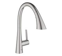 GROHE Zedra Kitchen Tap Single-Lever Sink Mixer, High C-Spout with Pull-Out Comfort Shower Head and 3 Spray Options, 360° Swivel Range, Stainless Steel Look Water-Saving 32294DC2