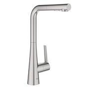 GROHE Zedra Kitchen Tap Single-Lever Sink Mixer, High L-Spout with Pull-Out Comfort Shower Head and 2 Spray Options, 360° Swivel Range, Stainless Steel Look 32553DC2